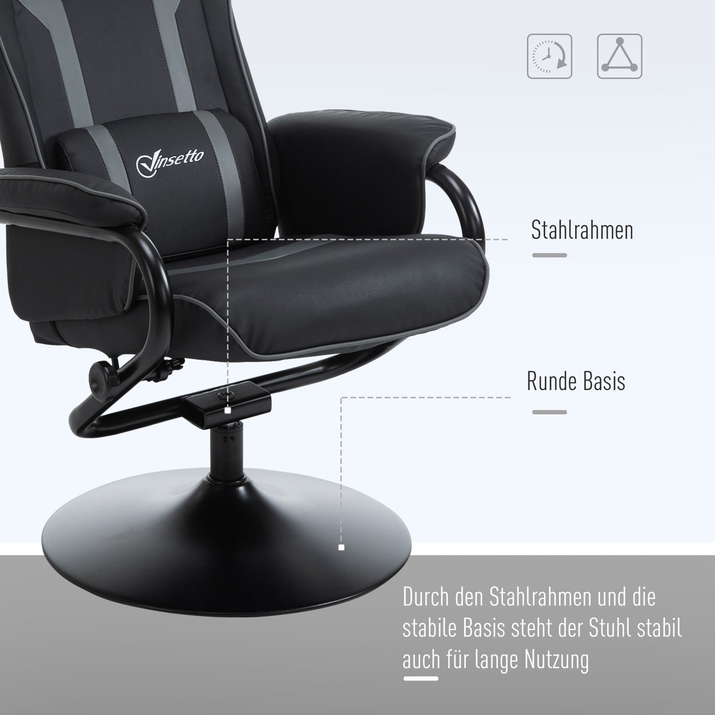 Lounger with stool, reclining 130°, black-grey