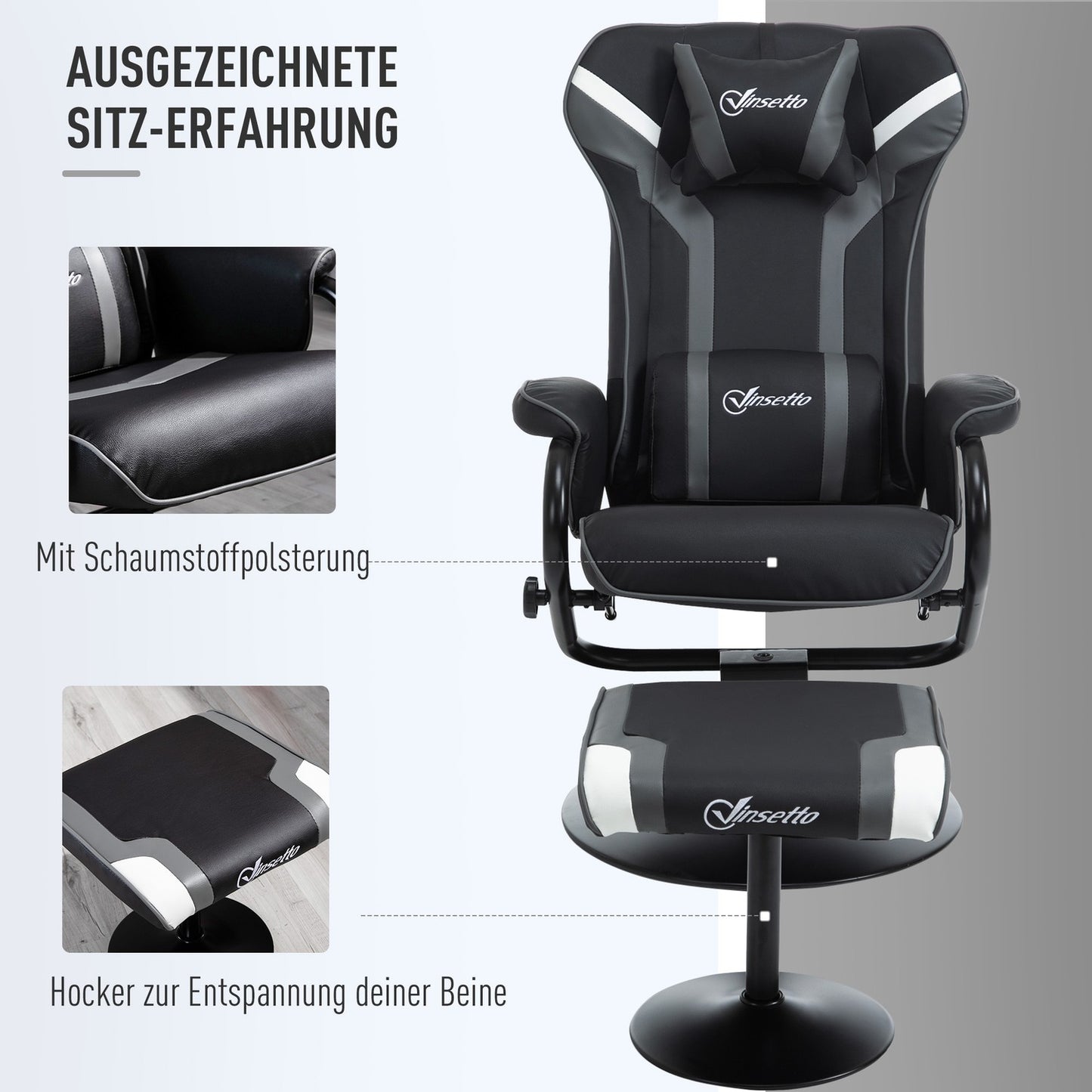 Lounger with stool, reclining 130°, black-grey