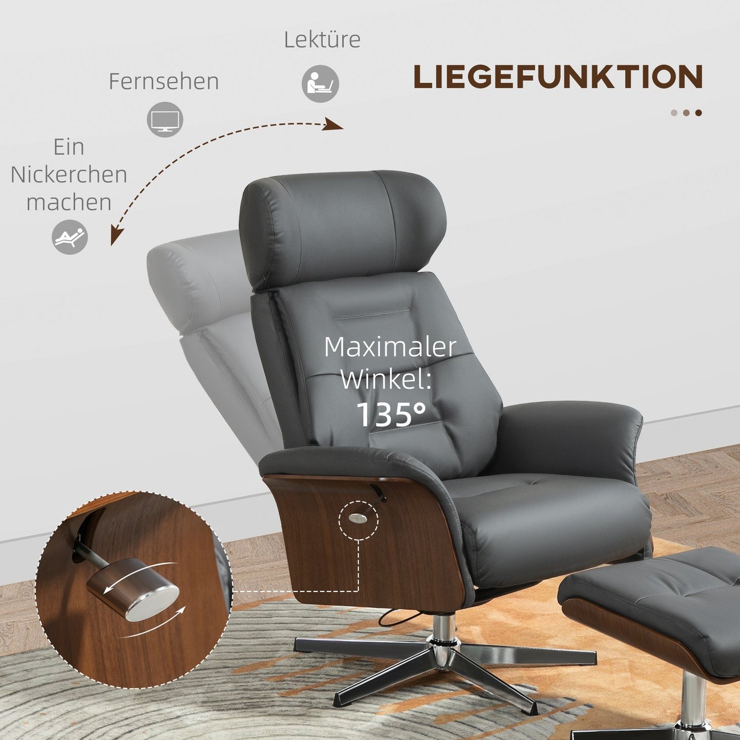 Lounger with ottoman, adjustable tilt, dark gray artificial leather