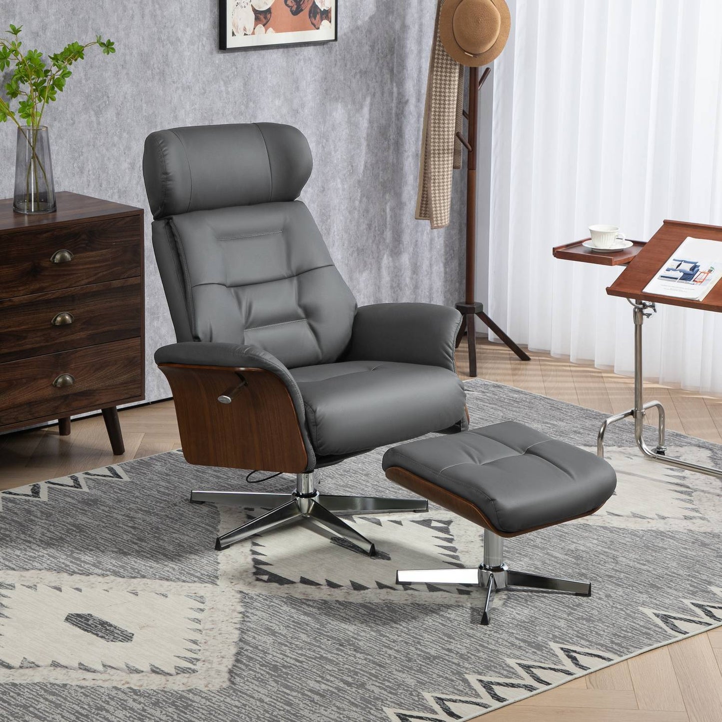 Lounger with ottoman, adjustable tilt, dark gray artificial leather