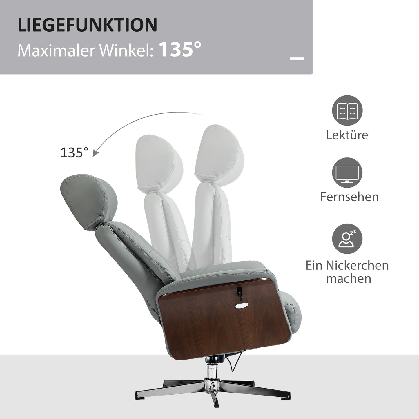 Lounger with ottoman, adjustable headrest, light gray artificial leather