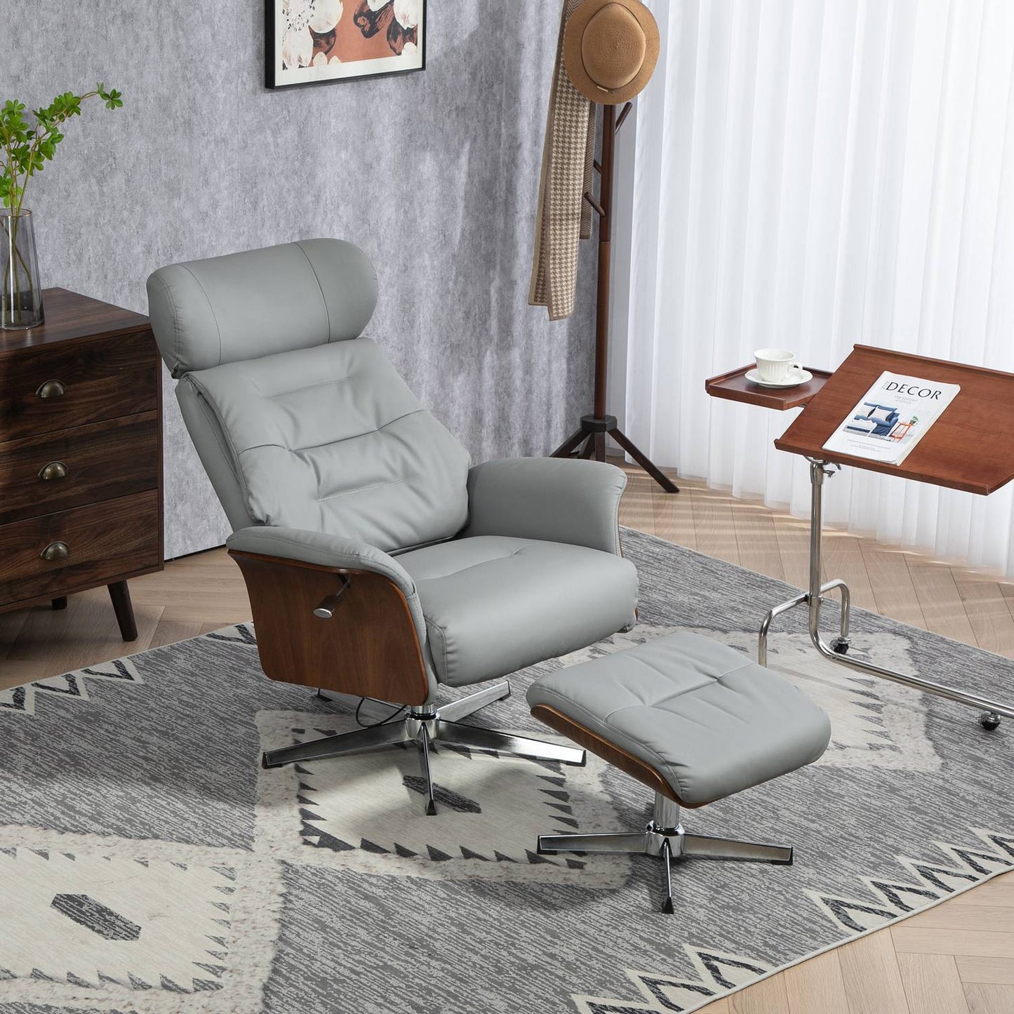 Lounger with ottoman, adjustable headrest, light gray artificial leather