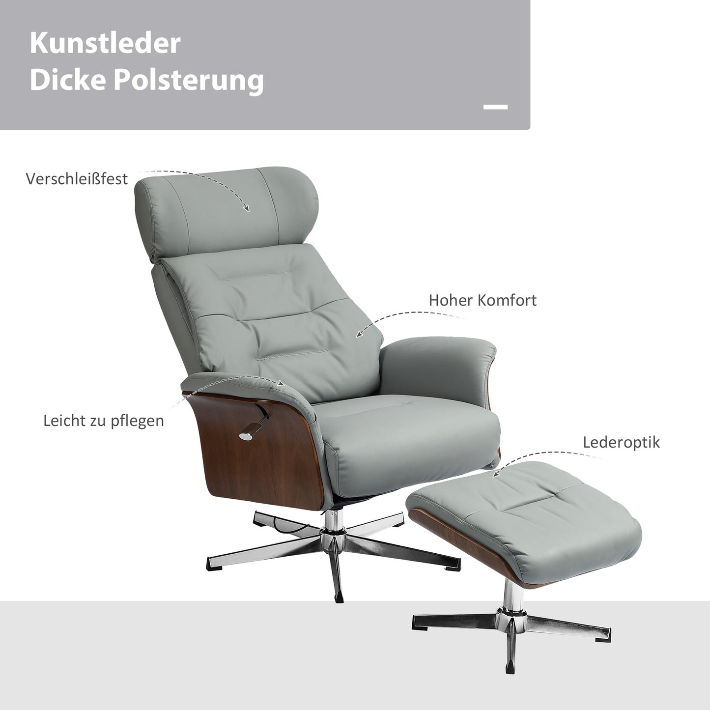 Lounger with ottoman, adjustable headrest, light gray artificial leather