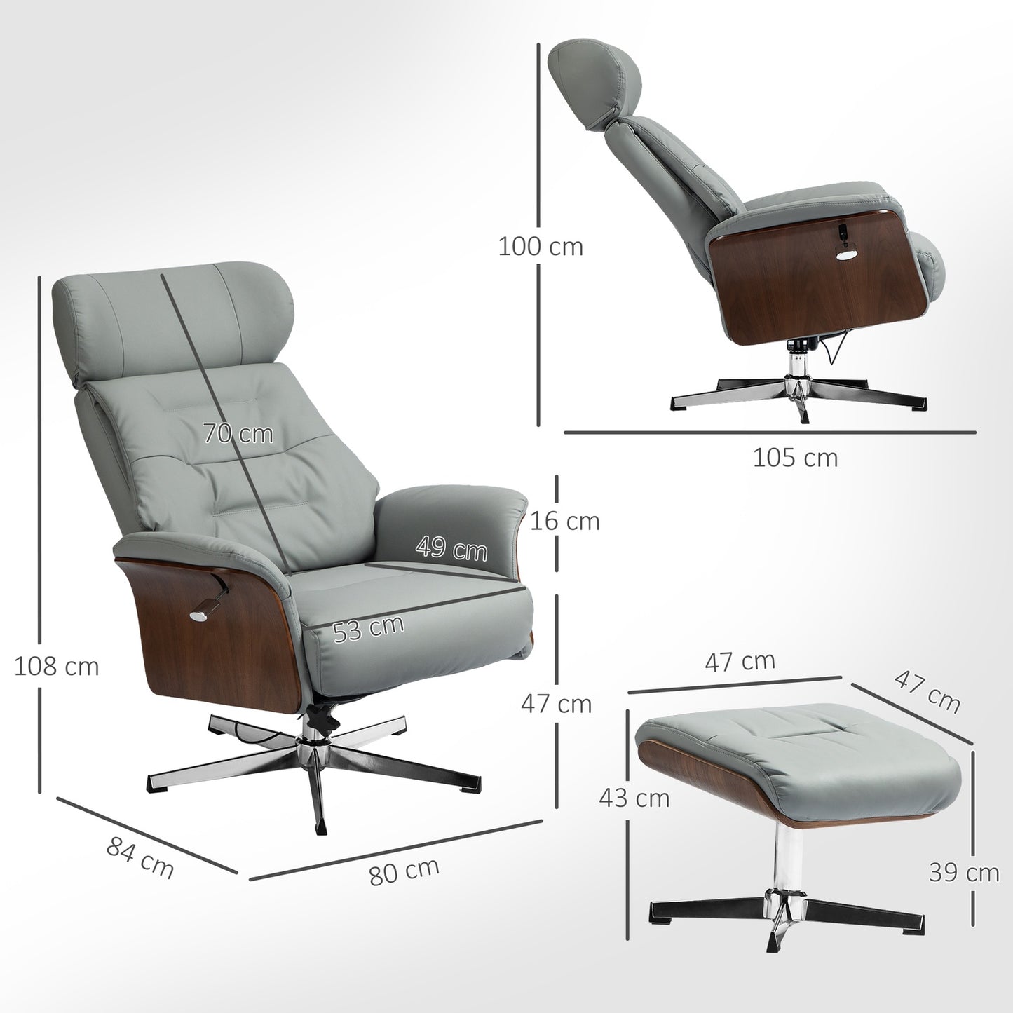 Lounger with ottoman, adjustable headrest, light gray artificial leather