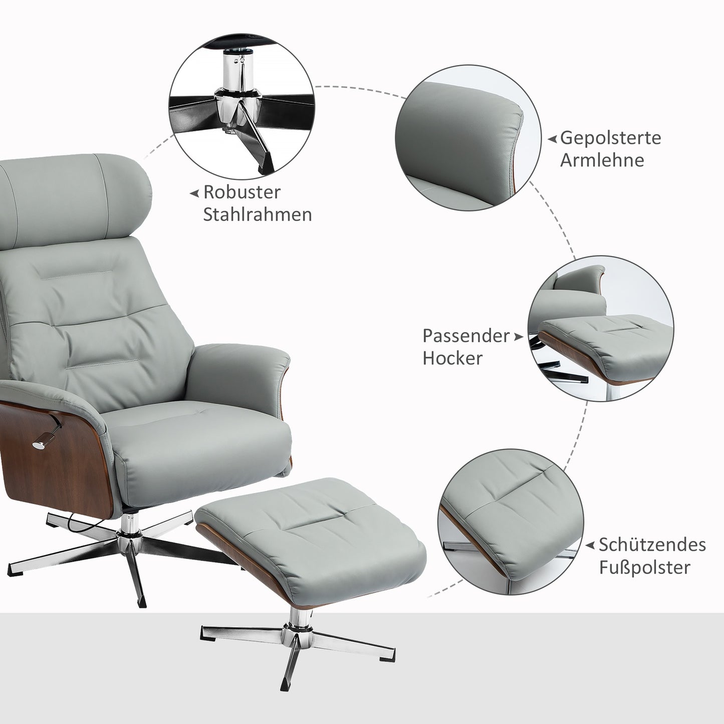 Lounger with ottoman, adjustable headrest, light gray artificial leather