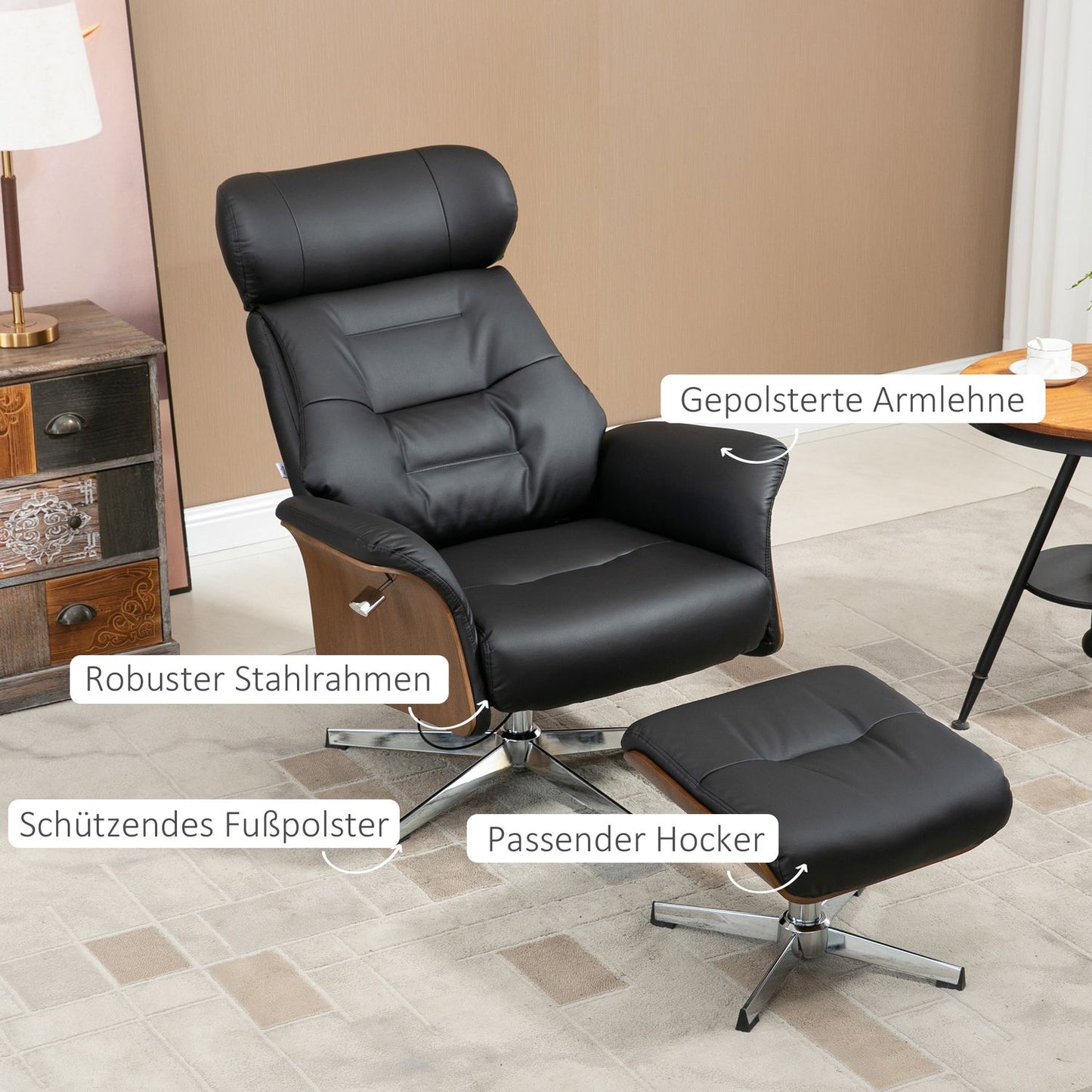 Lounger with ottoman, swivel, artificial leather, black