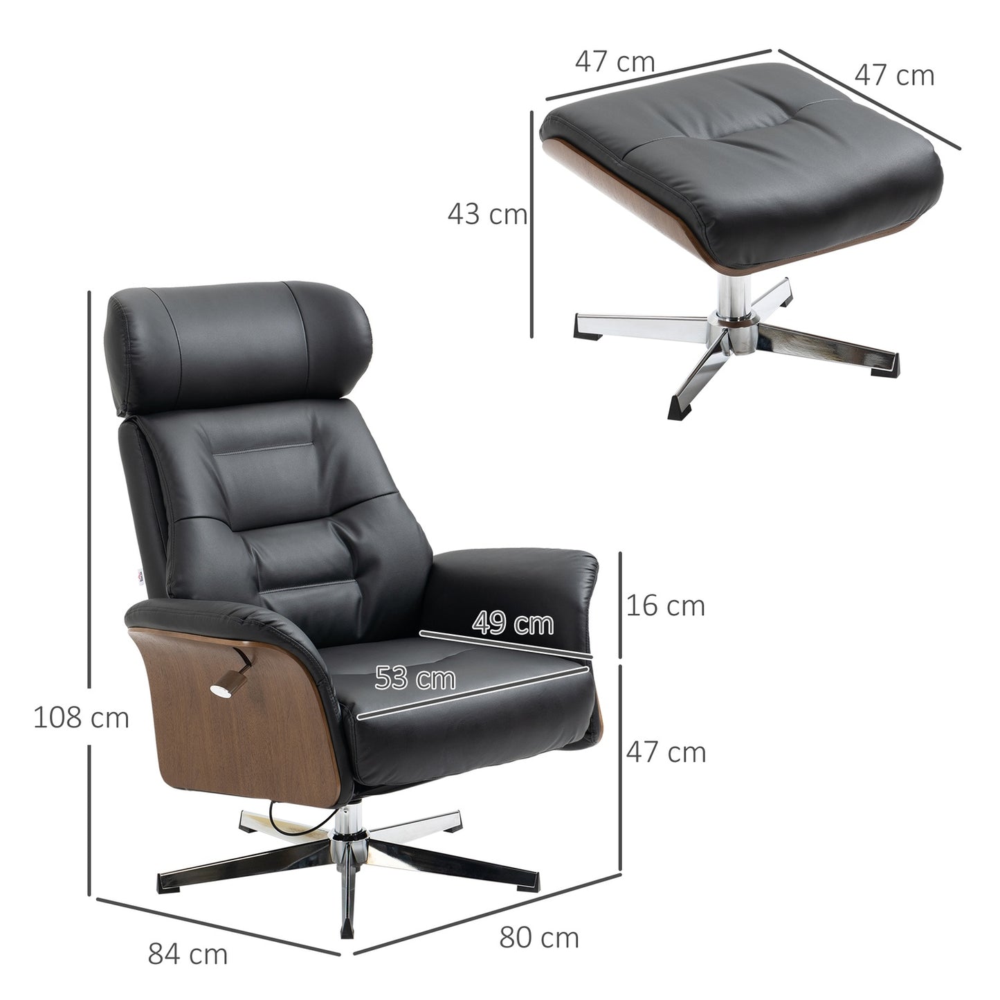 Lounger with ottoman, swivel, artificial leather, black