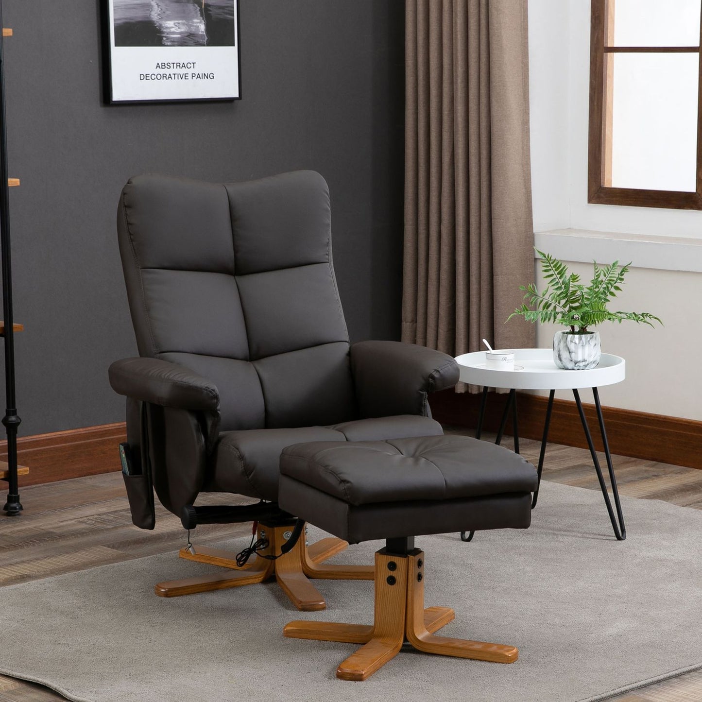 Brown relaxation chair in artificial leather with massage and stool