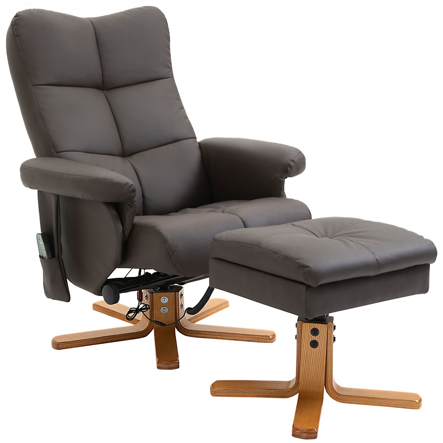 Brown relaxation chair in artificial leather with massage and stool