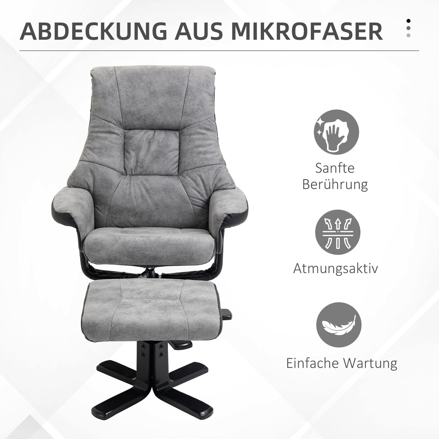 Rotating recliner with stool, microfibre grey