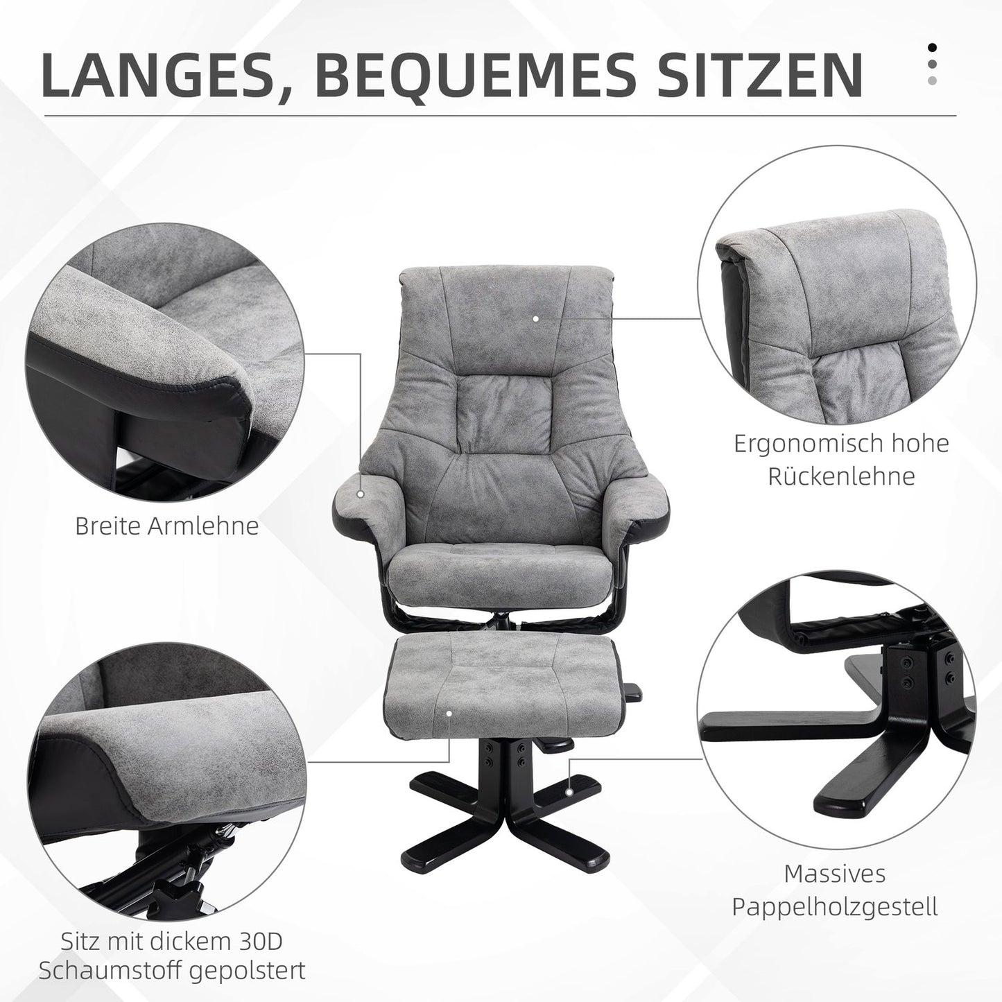 Rotating recliner with stool, microfibre grey