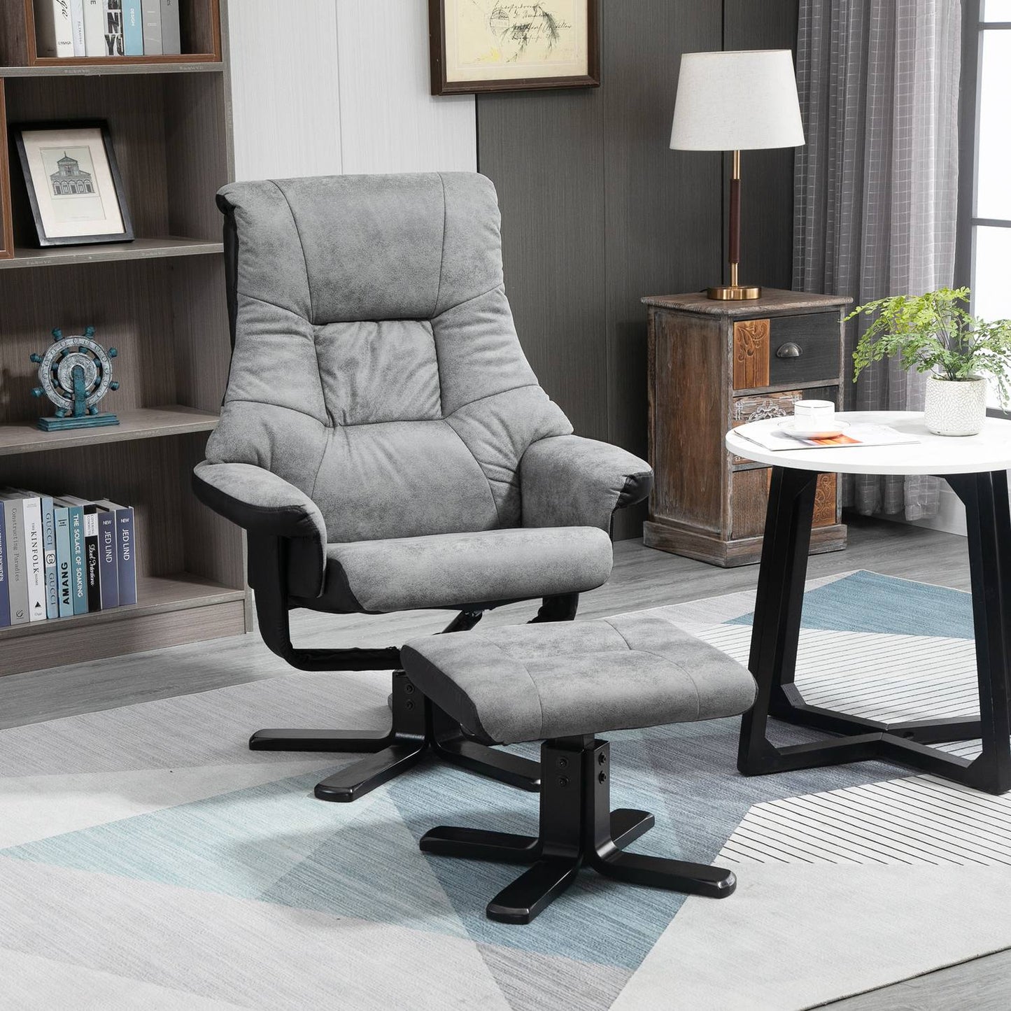 Rotating recliner with stool, microfibre grey