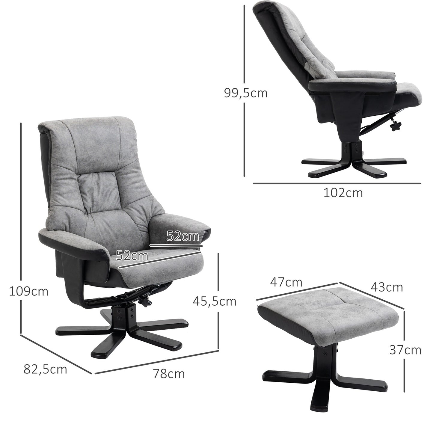 Rotating recliner with stool, microfibre grey