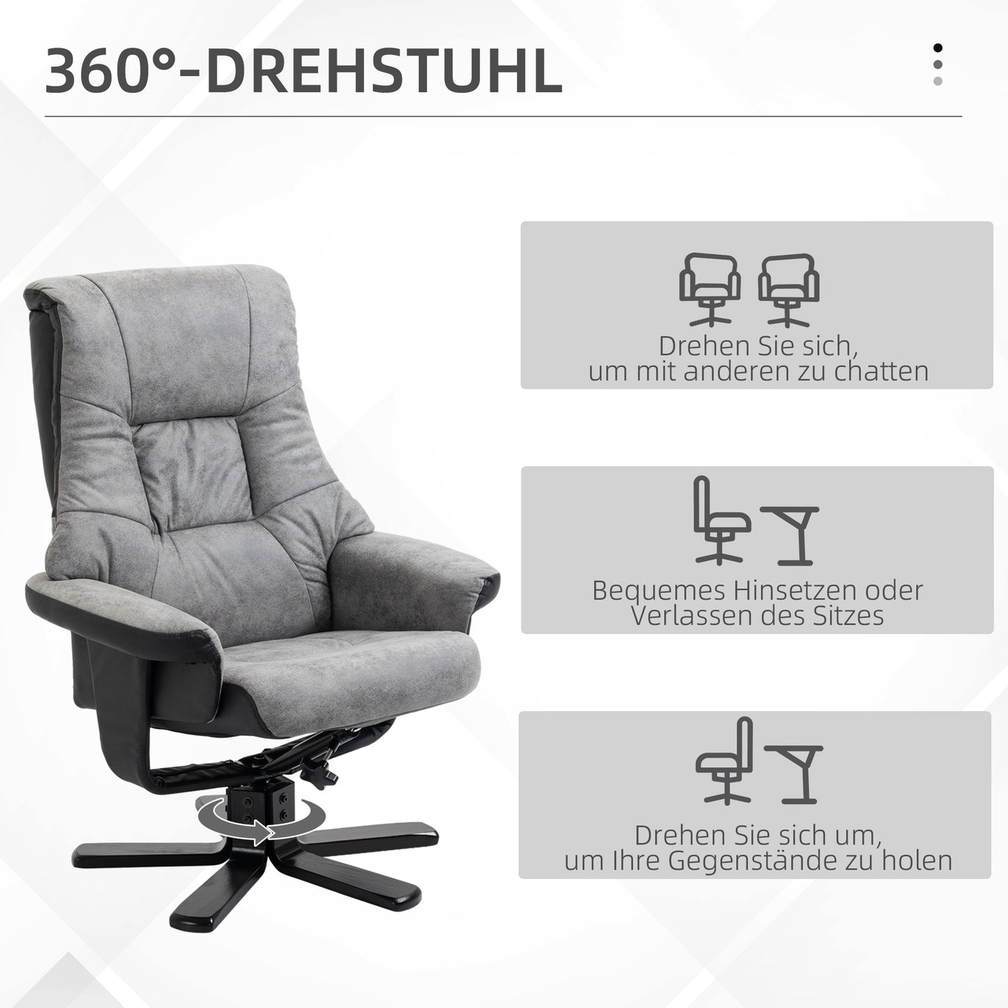 Rotating recliner with stool, microfibre grey