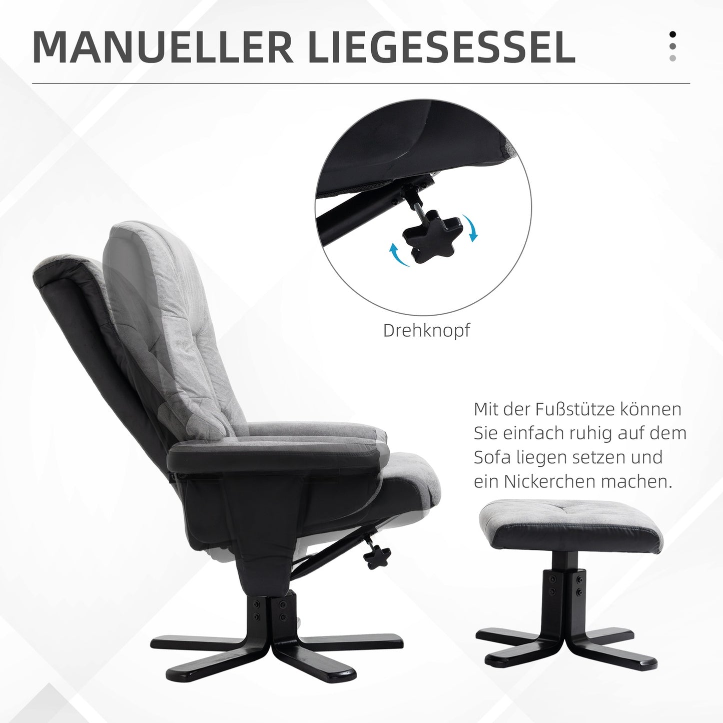 Rotating recliner with stool, microfibre grey
