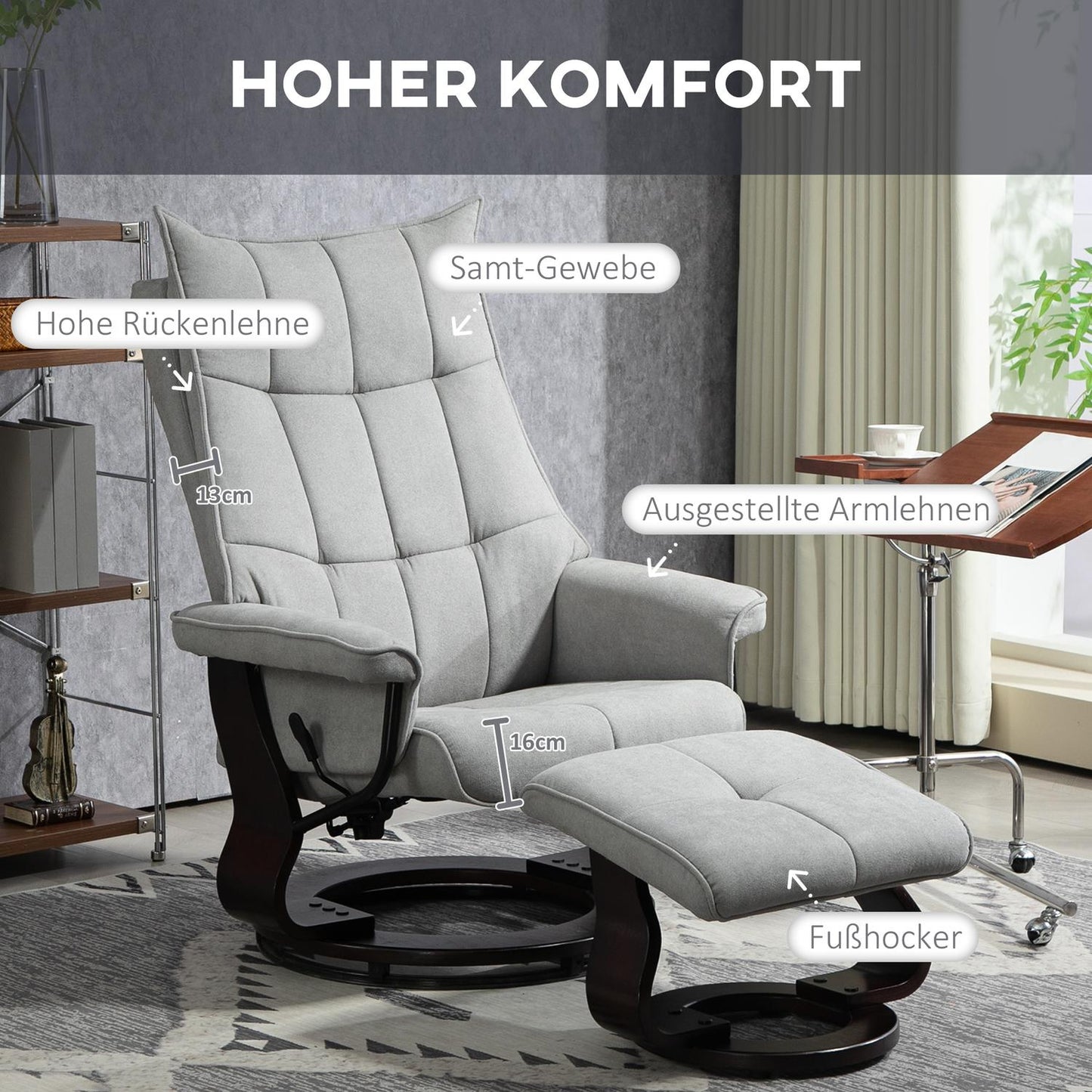 Gray Velvet Recliner Chair with Ottoman, swivel rocker