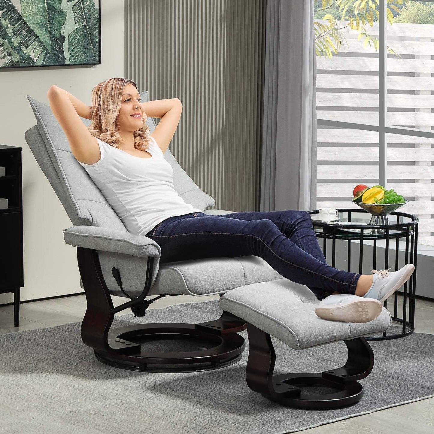 Gray Velvet Recliner Chair with Ottoman, swivel rocker