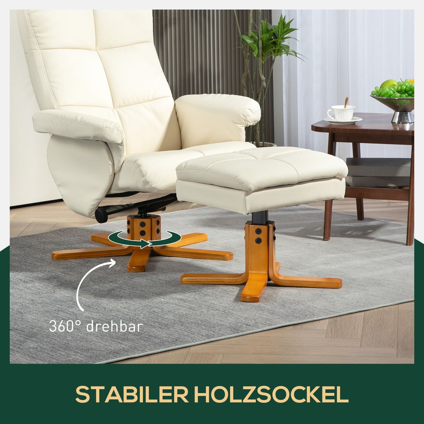 Reclining chair in artificial leather with ottoman - cream white