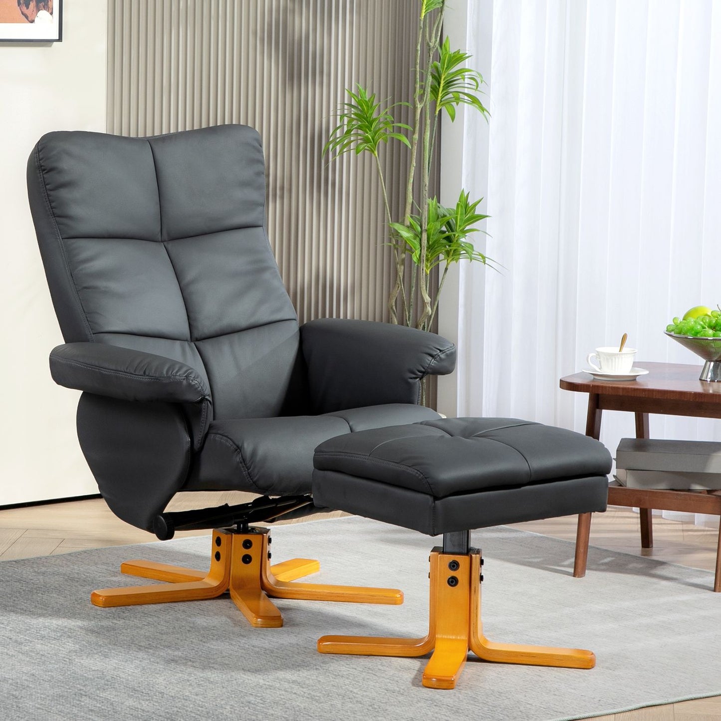 Lounger with ottoman, artificial leather, rotatable, dark grey