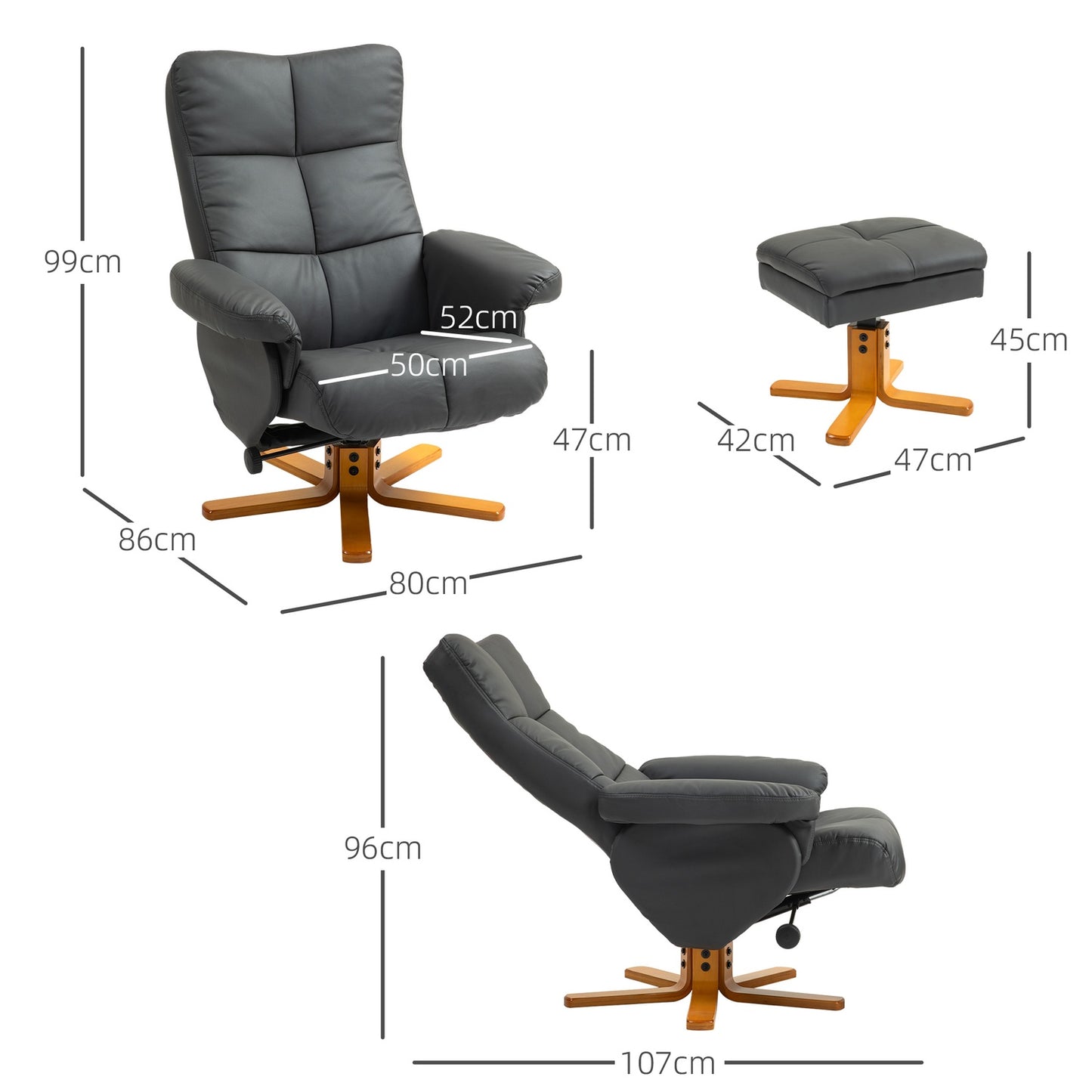 Lounger with ottoman, artificial leather, rotatable, dark grey