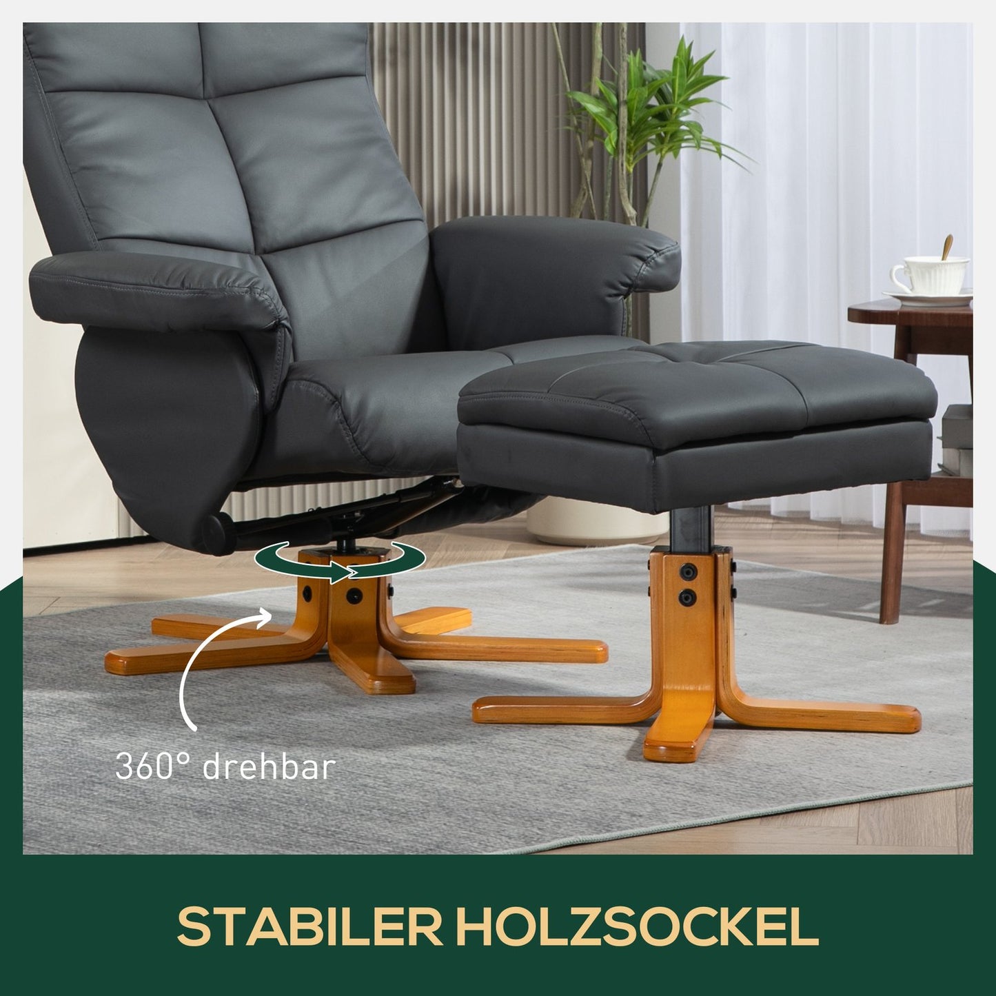 Lounger with ottoman, artificial leather, rotatable, dark grey