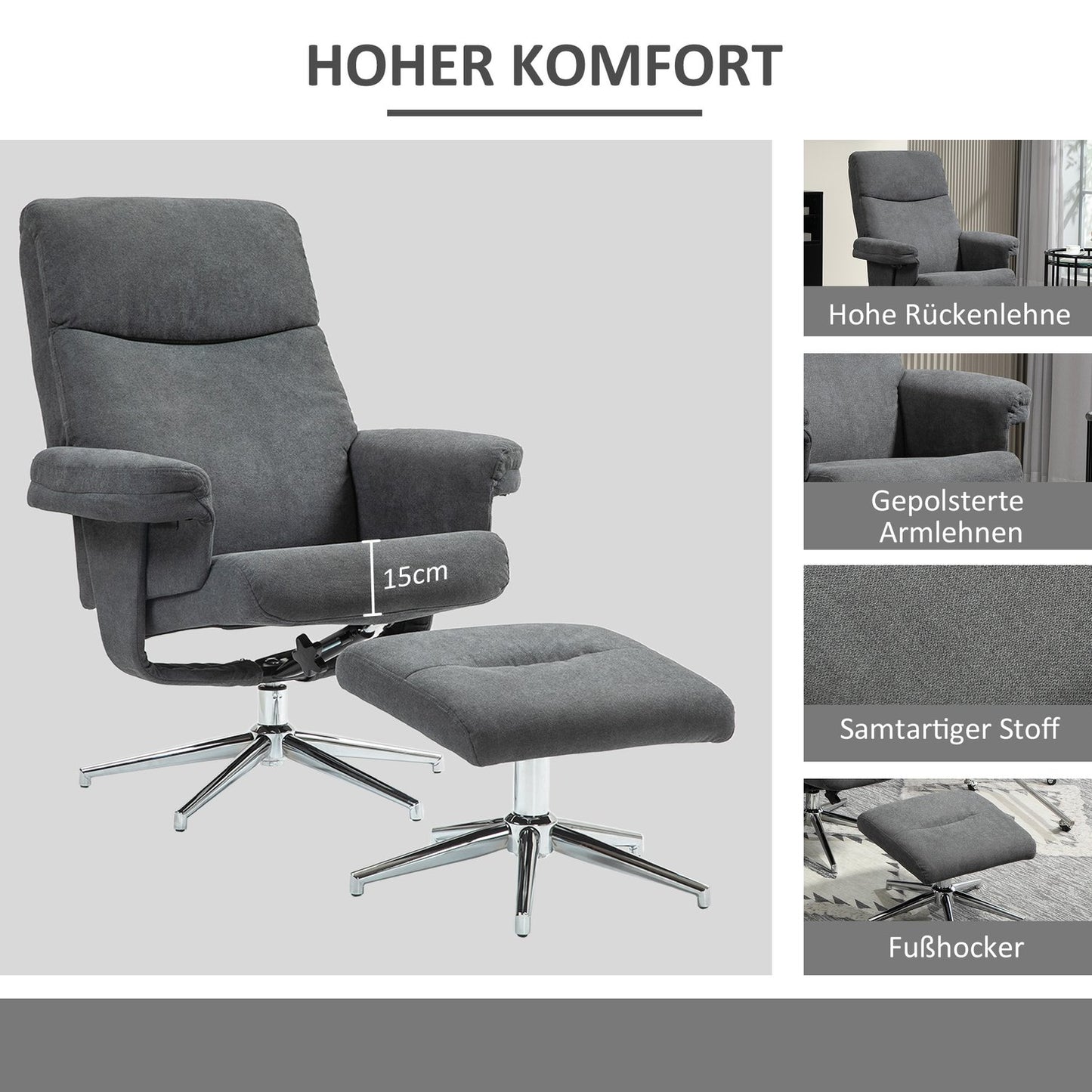 Relaxation armchair seat set, velvet look, up to 150 kg, dark grey