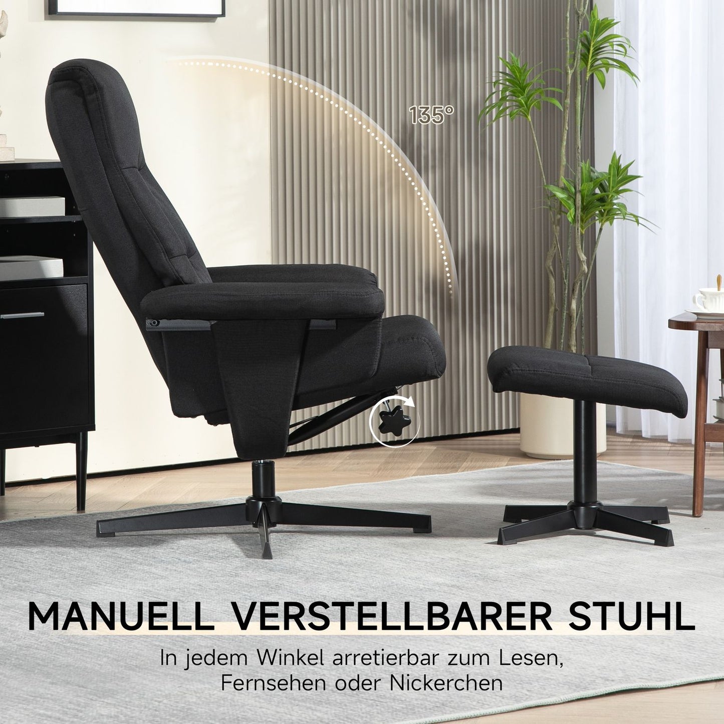 Lounger with footrest, velvet upholstery, black