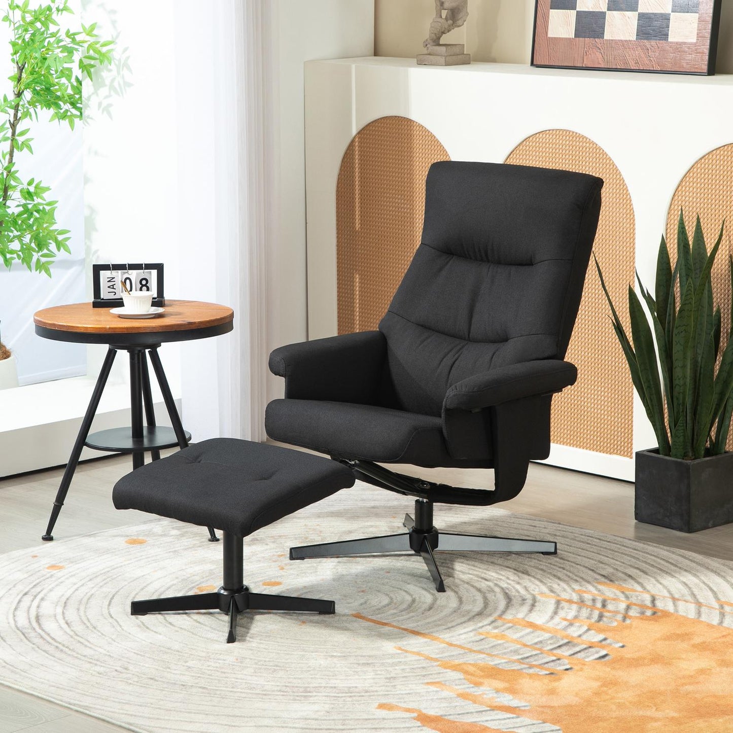 Lounger with footrest, velvet upholstery, black
