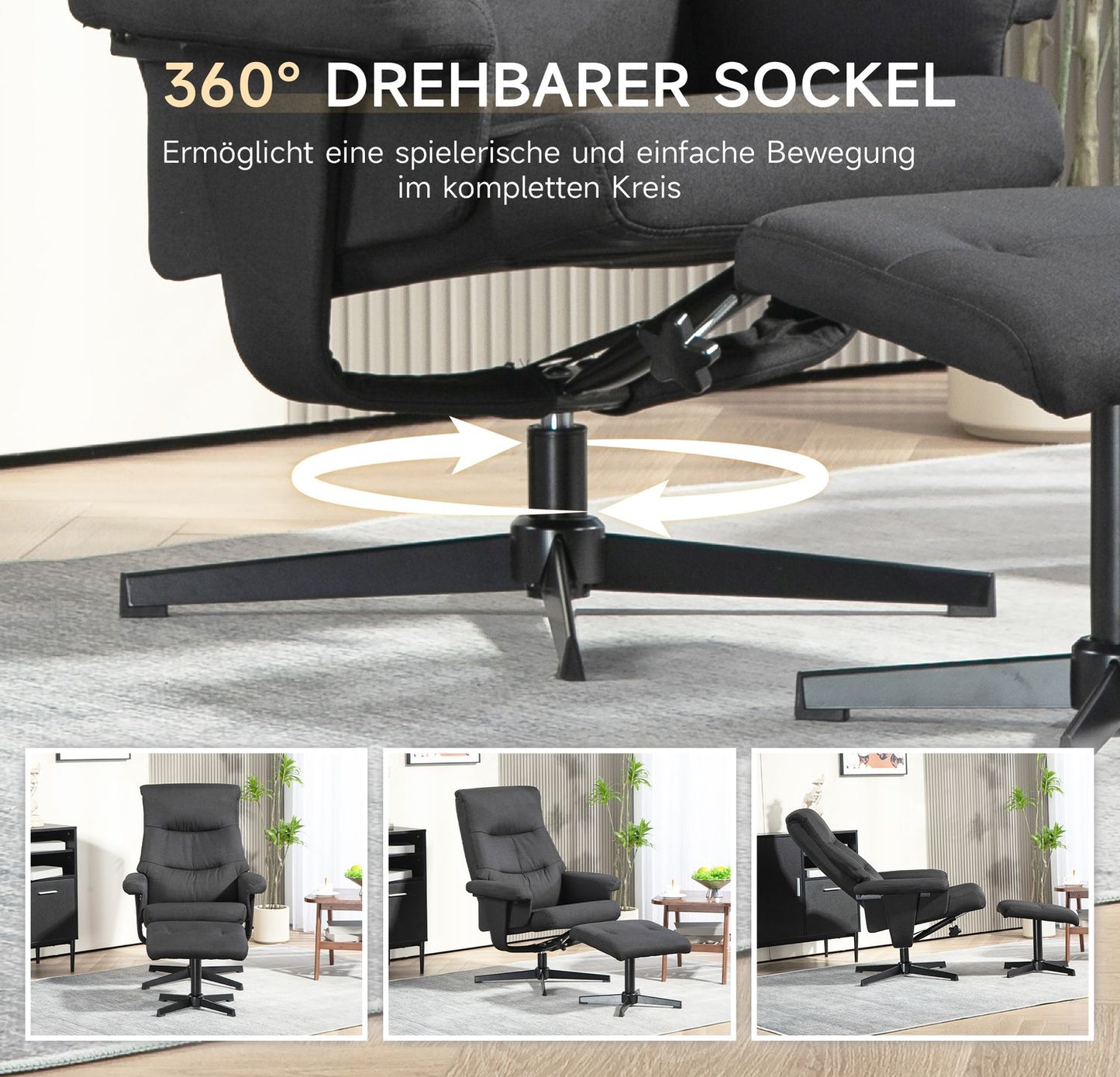 Lounger with footrest, velvet upholstery, black