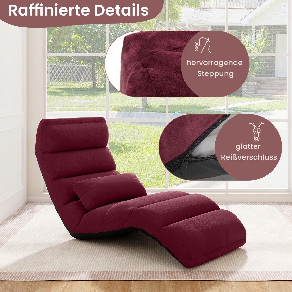 Relaxation lounger folding floor chair with adjustable backrest red 175 x 55 x 20 cm