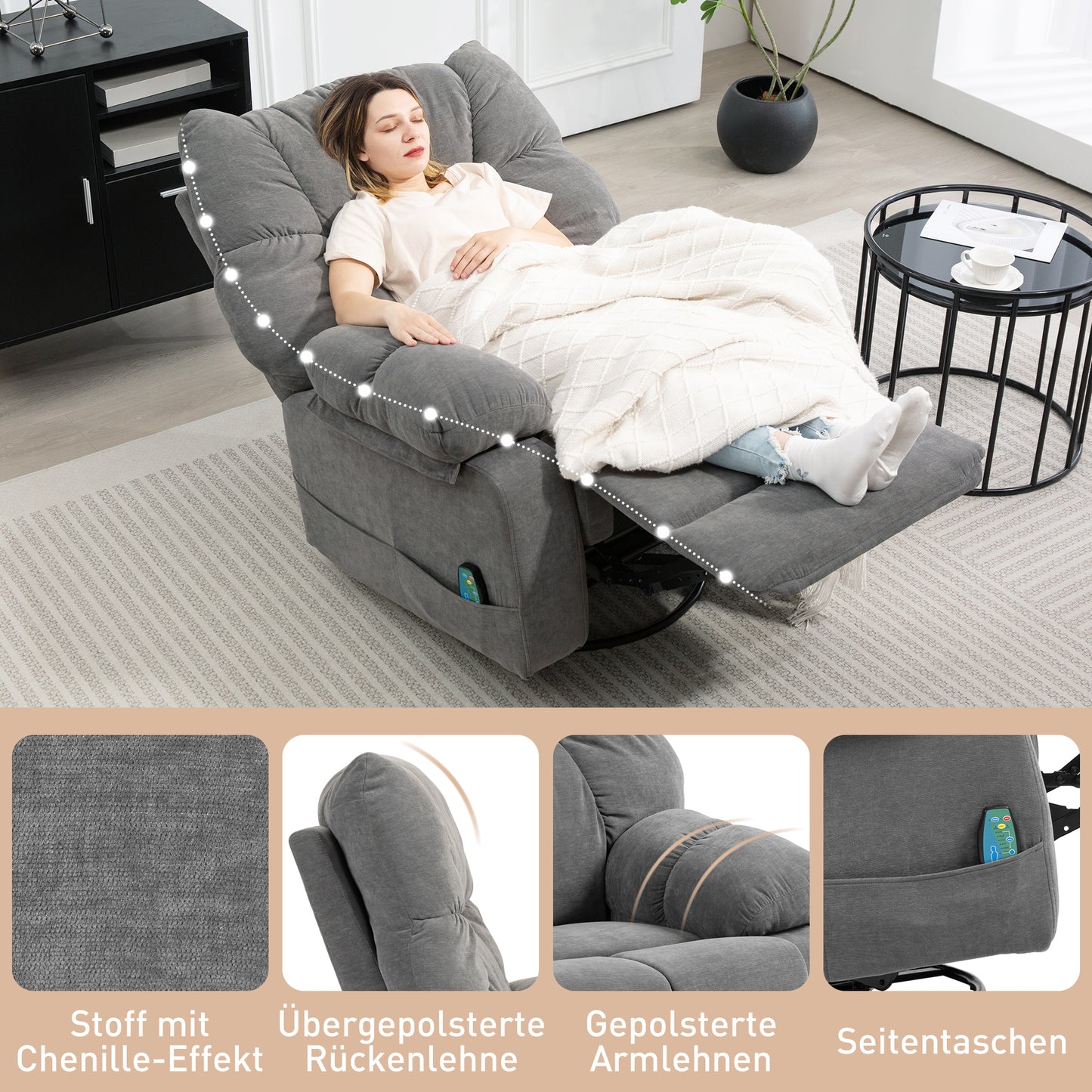 Relaxing chair with massage function, reclining function, rotating massage chair, 4 side pockets and remote control, dark grey