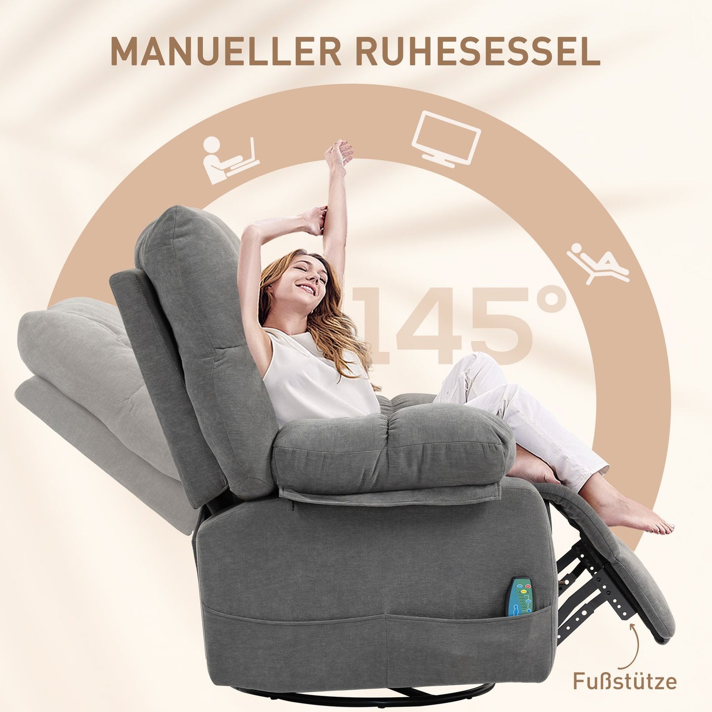 Relaxing chair with massage function, reclining function, rotating massage chair, 4 side pockets and remote control, dark grey
