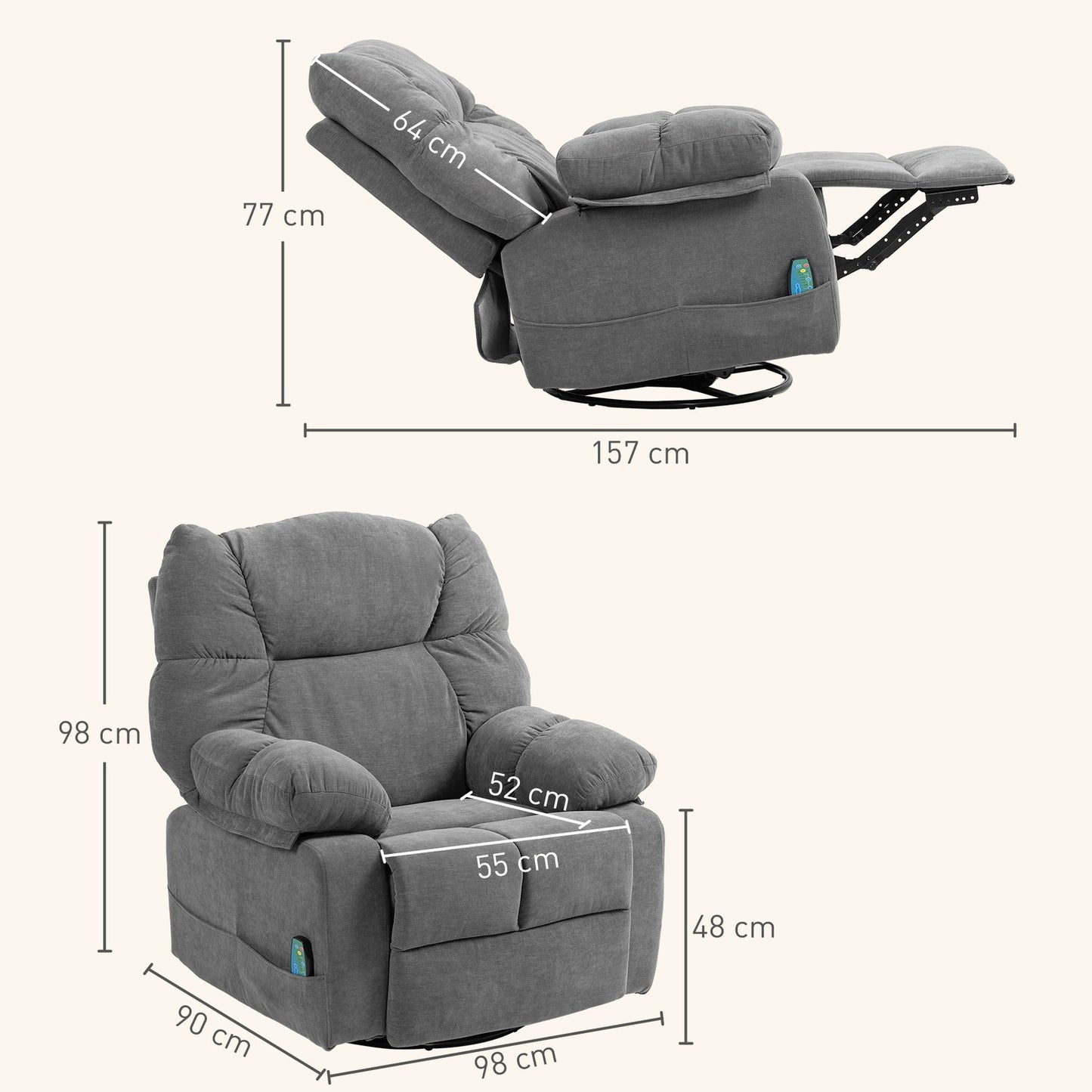 Relaxing chair with massage function, reclining function, rotating massage chair, 4 side pockets and remote control, dark grey