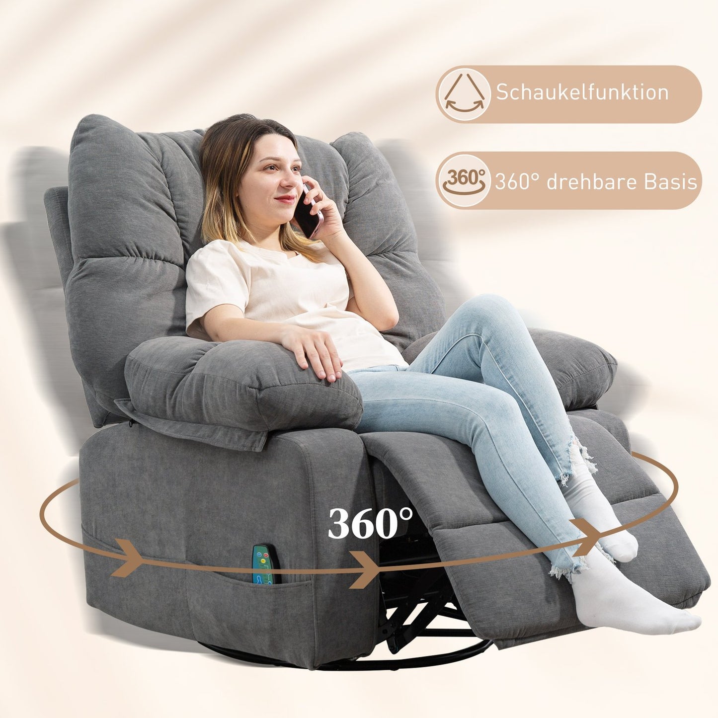 Relaxing chair with massage function, reclining function, rotating massage chair, 4 side pockets and remote control, dark grey