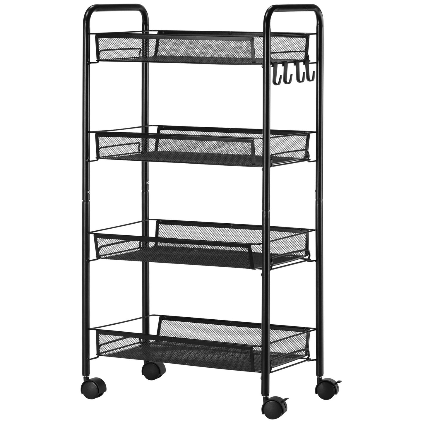Detachable 4-story kitchen trolley in steel with hooks and brakes