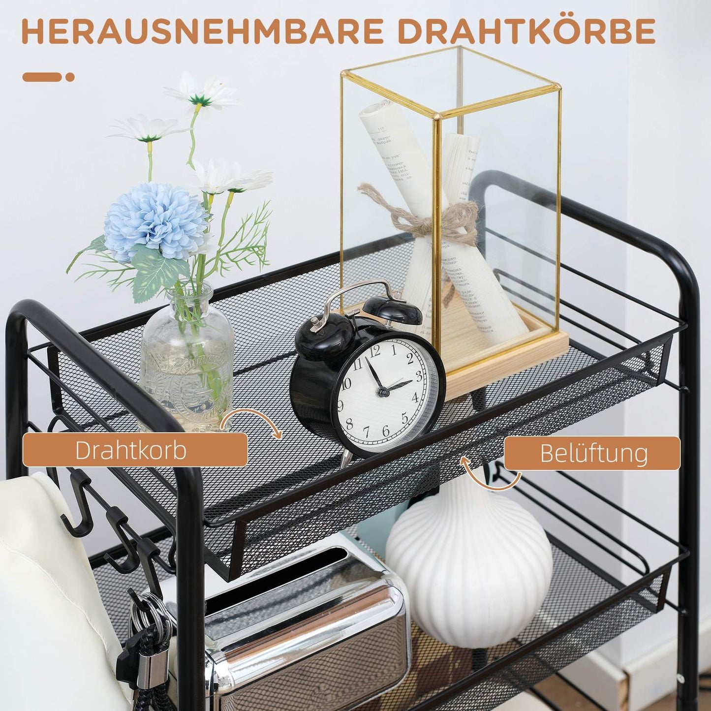 Detachable 4-story kitchen trolley in steel with hooks and brakes