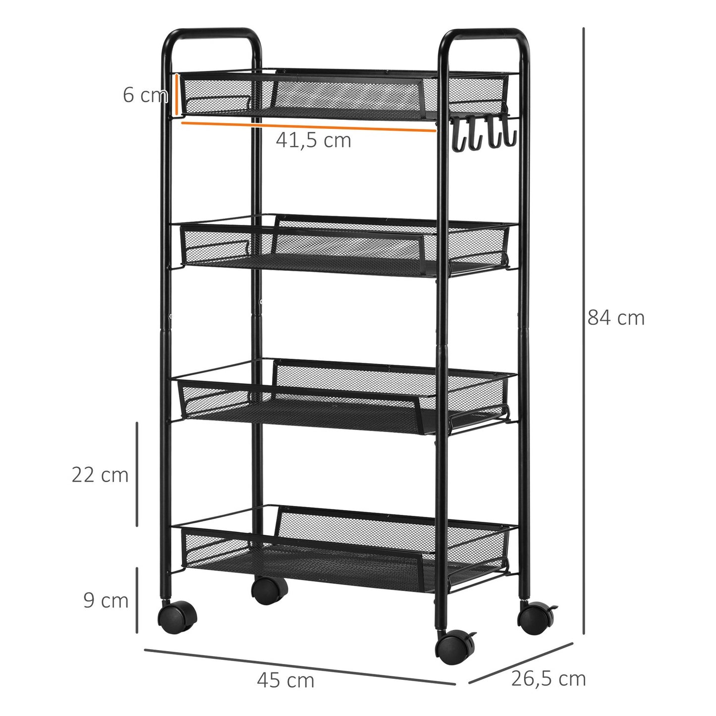 Detachable 4-story kitchen trolley in steel with hooks and brakes