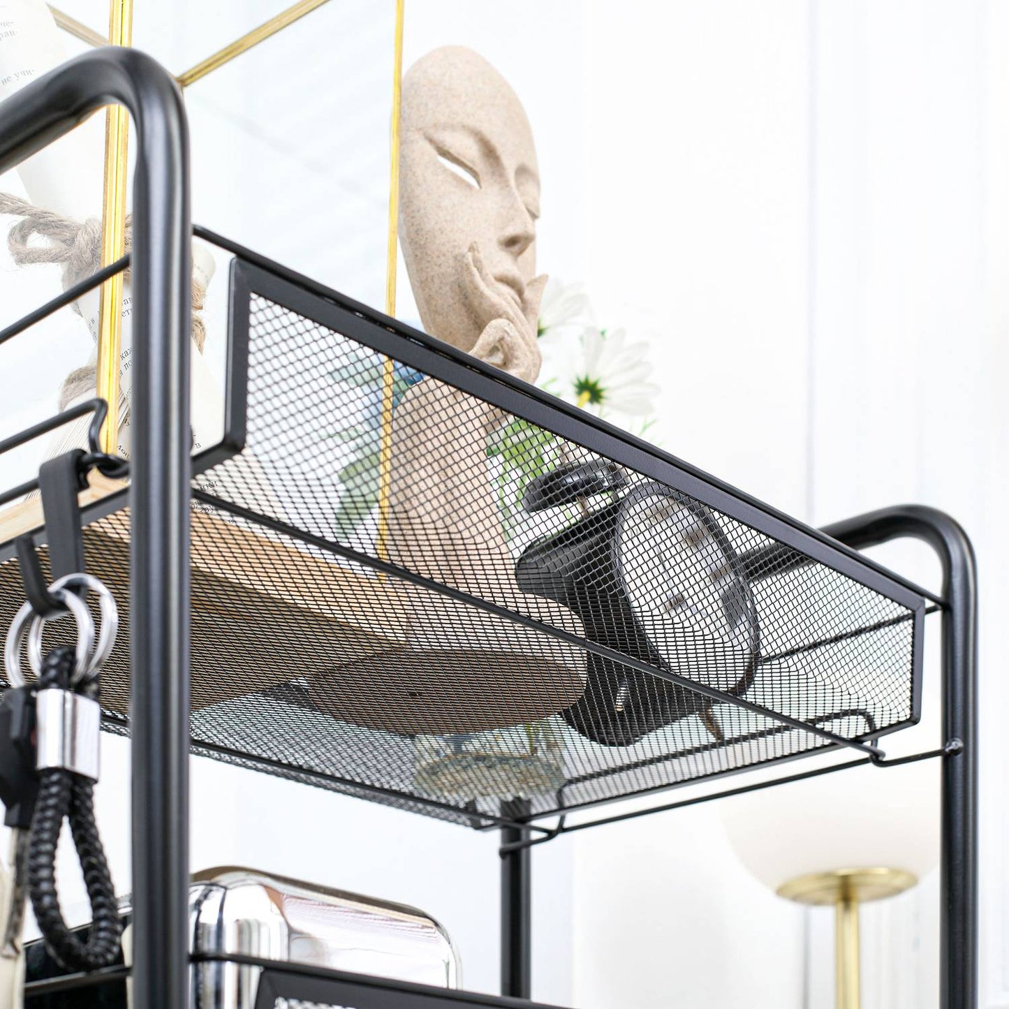 Detachable 4-story kitchen trolley in steel with hooks and brakes