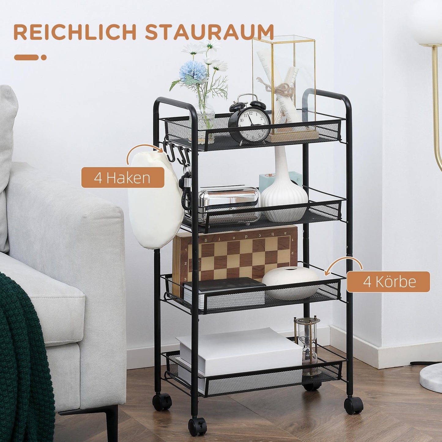Detachable 4-story kitchen trolley in steel with hooks and brakes