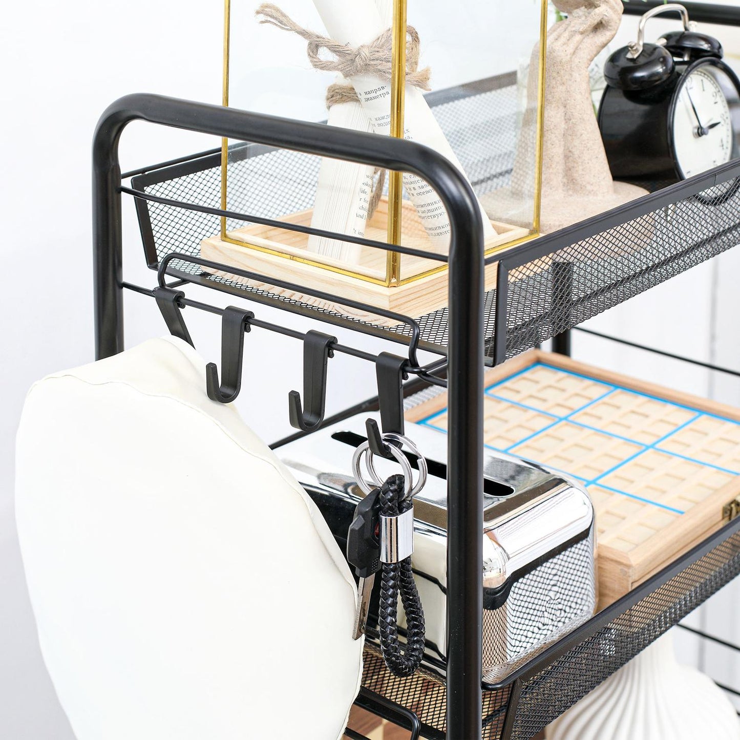 Detachable 4-story kitchen trolley in steel with hooks and brakes