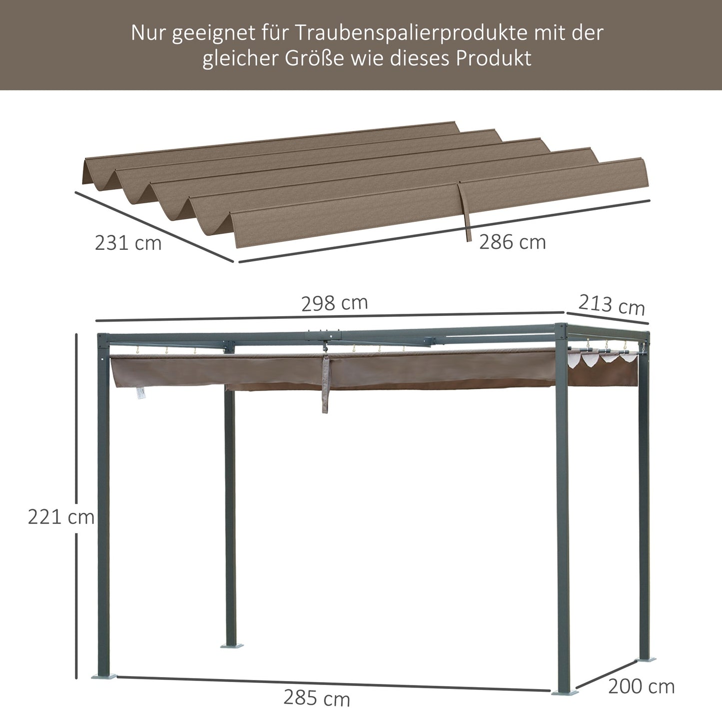 Retractable 2.85 x 2 m pergola roof, UV water resistant cover