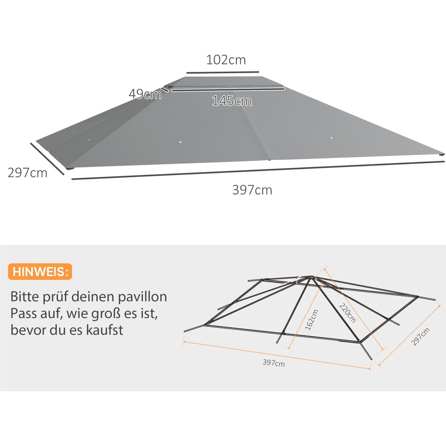 Light gray pavilion roof replacement 4x3m, UV 30+, water repellent