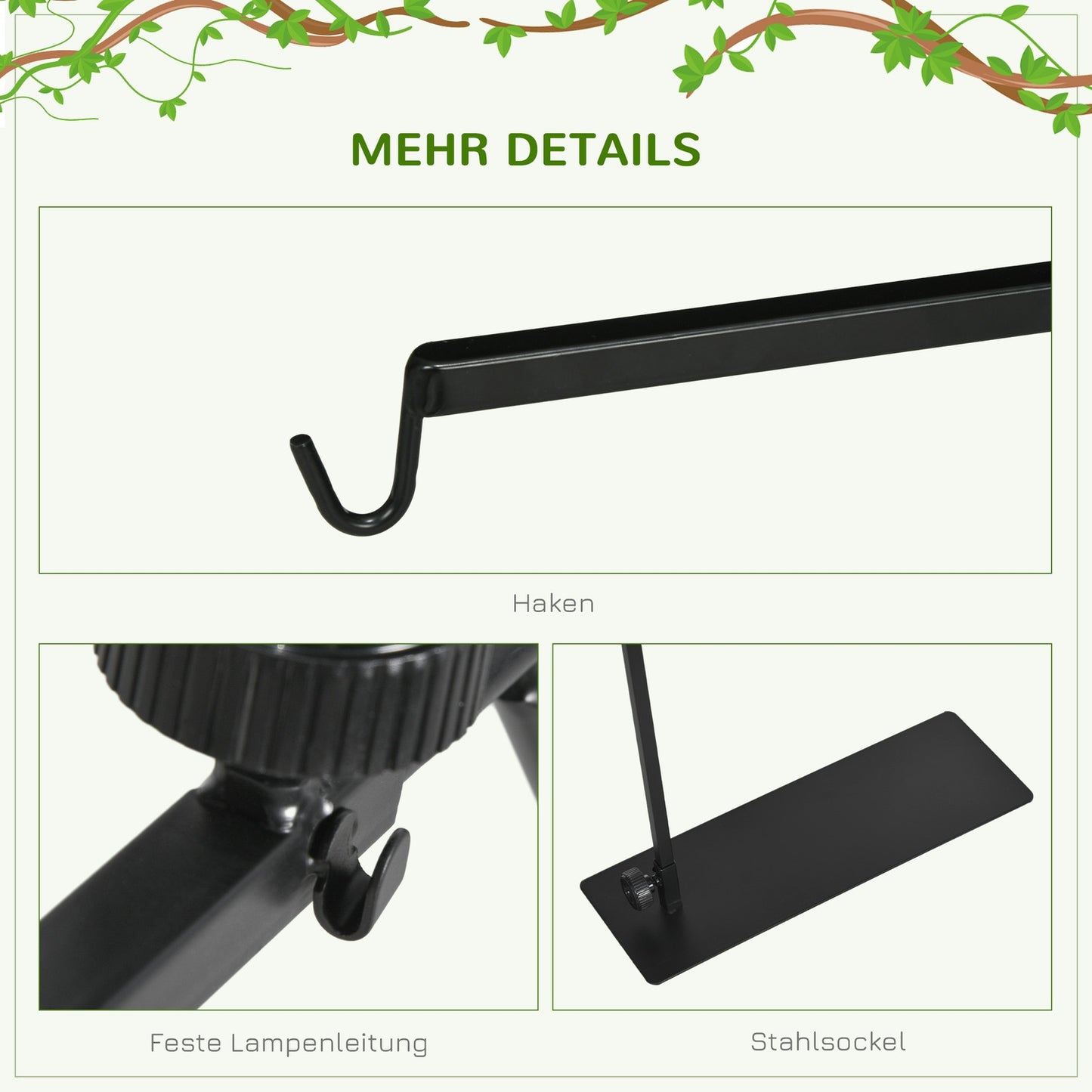 Adjustable reptile heat lamp stand, black steel, 4 wire holes