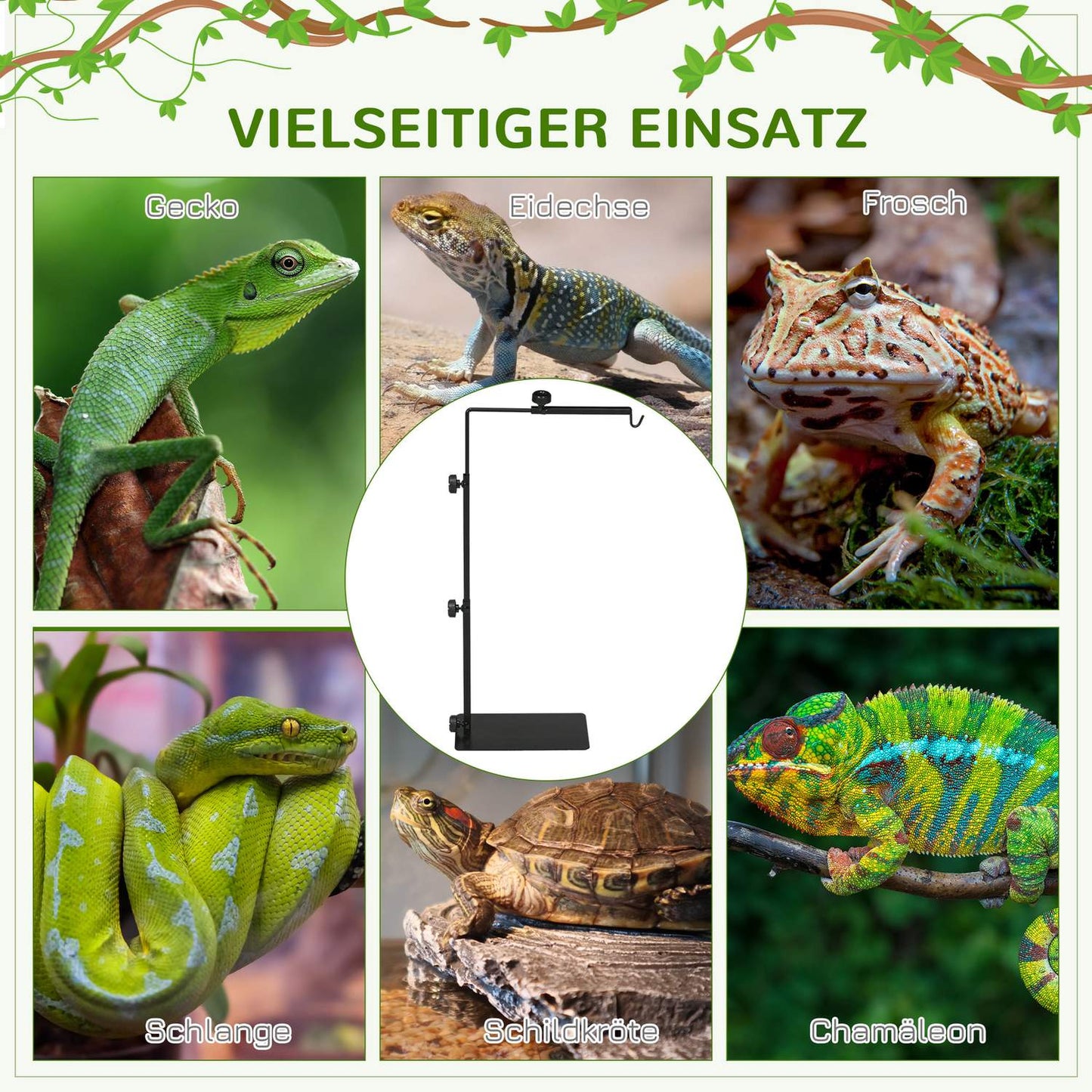 Adjustable reptile heat lamp stand, black steel, 4 wire holes