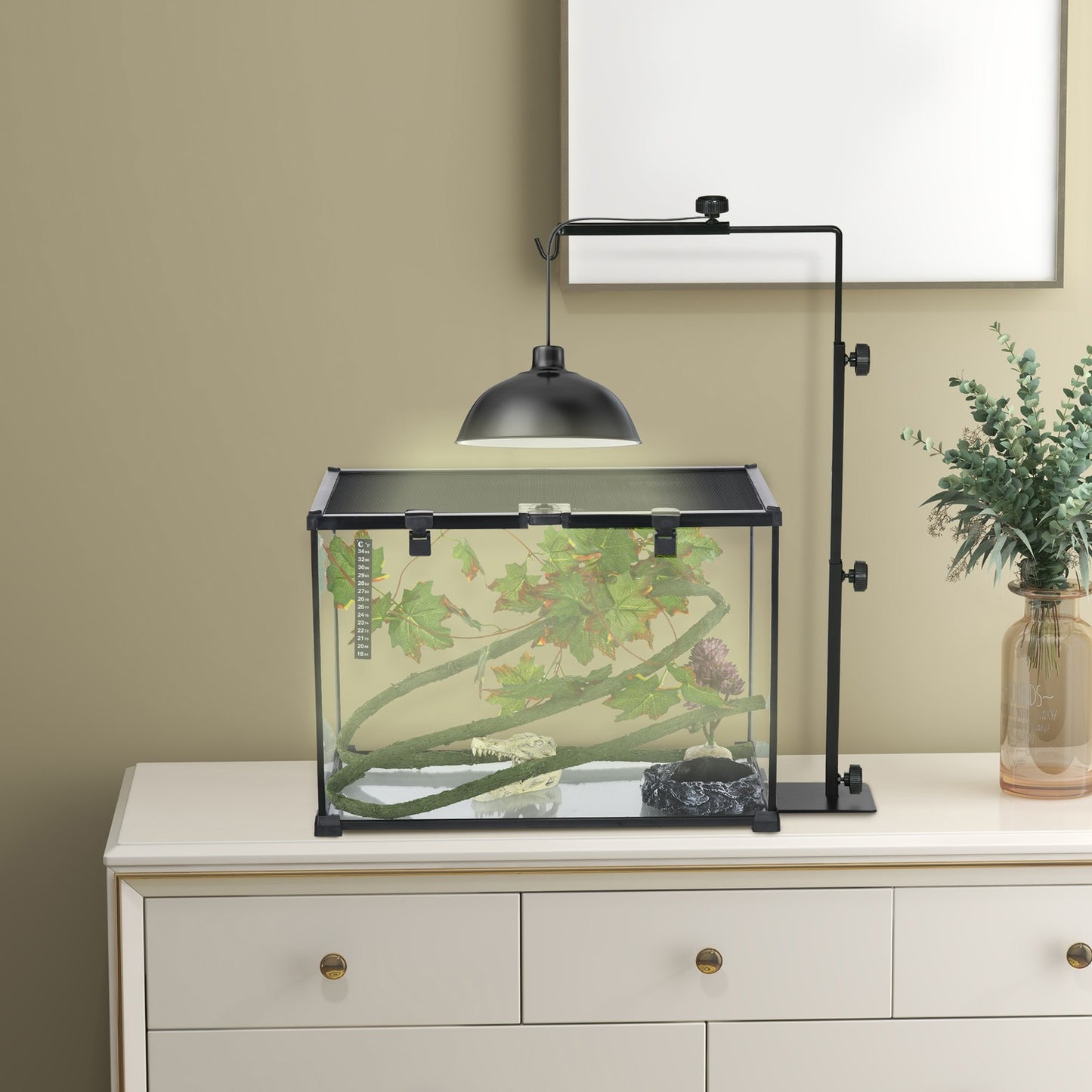 Adjustable reptile heat lamp stand, black steel, 4 wire holes