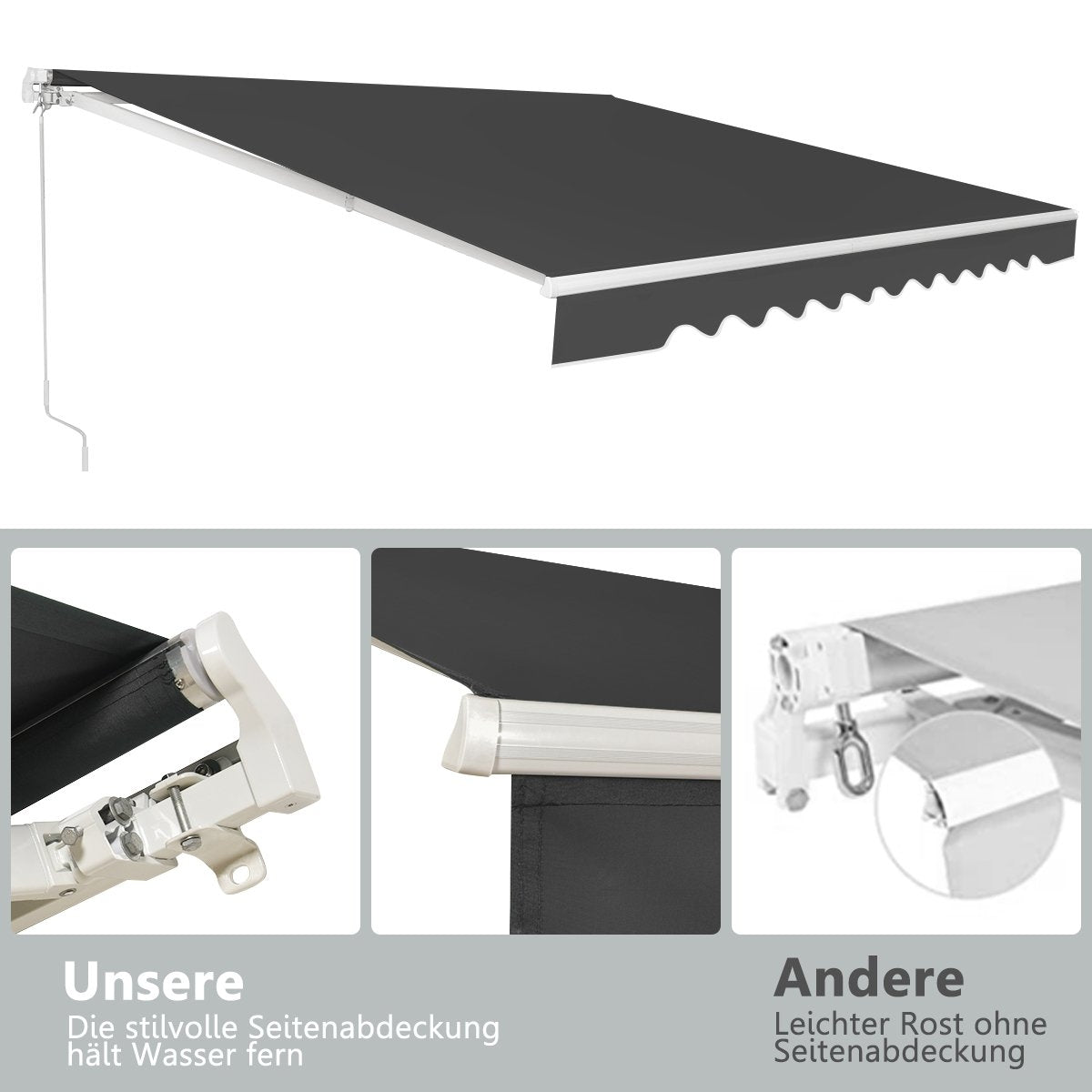 Retractable Aluminum Patio Awning with Crank, 3.6m x 3m, Gray