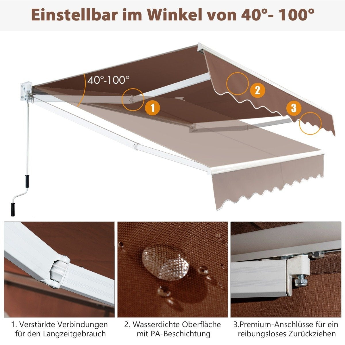 Retractable Awning 2.5x2m, UV & Water Resistant, Brown