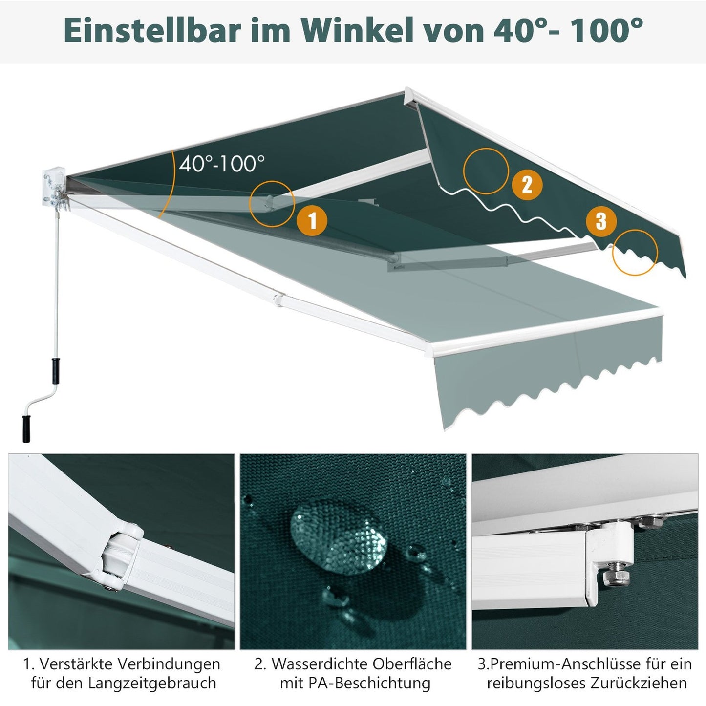 Retractable Awning 2.5x2m, UV & Water Resistant, Green