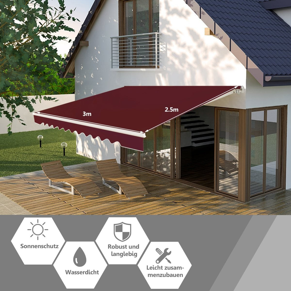 Retractable Awning, Aluminum, 3x2.5m, Wine Red