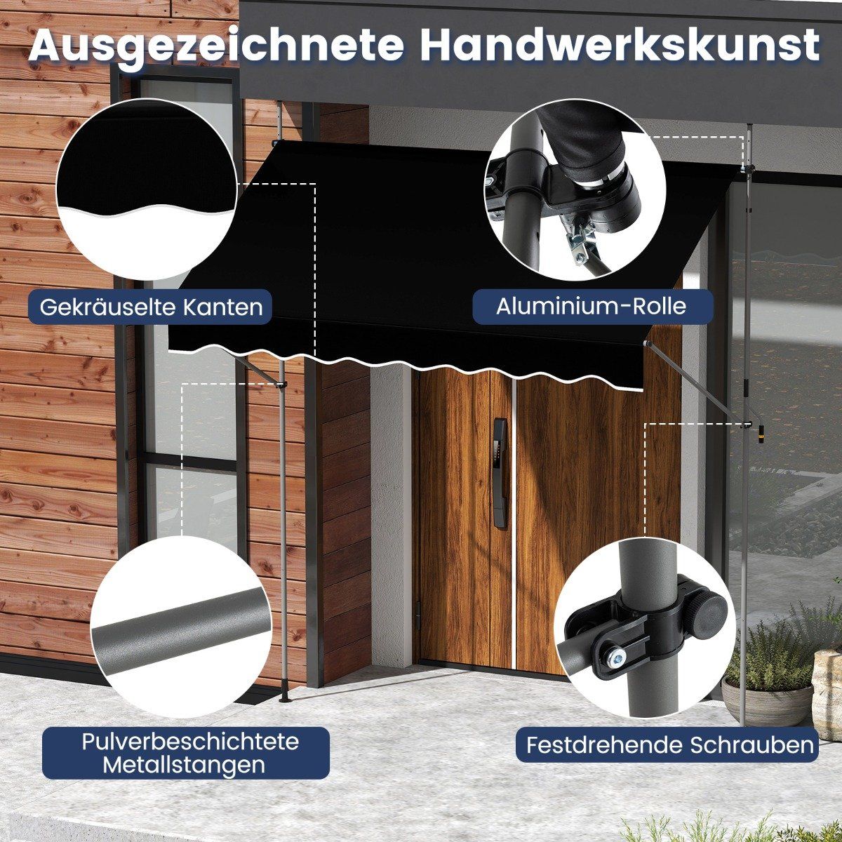 Retractable Awning, No-Drill, Adjustable Height, 300cm, Black